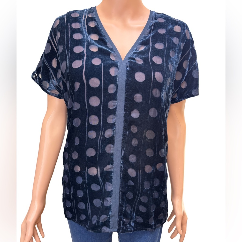 CAbi Navy Spot On Short Sleeve V-Neck Blouse XS